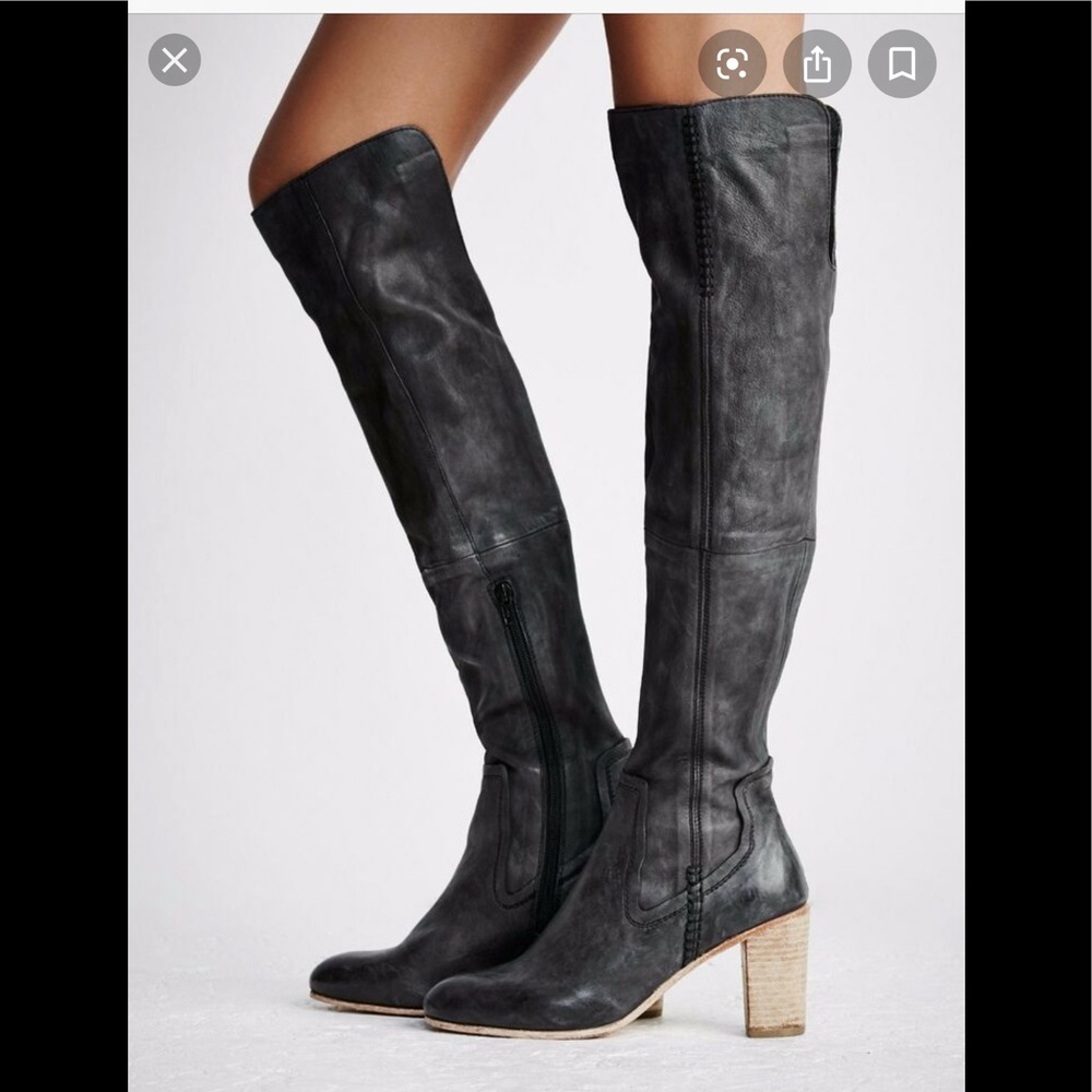 Free People Black Over-the-Knee Leather Block Heel Boots